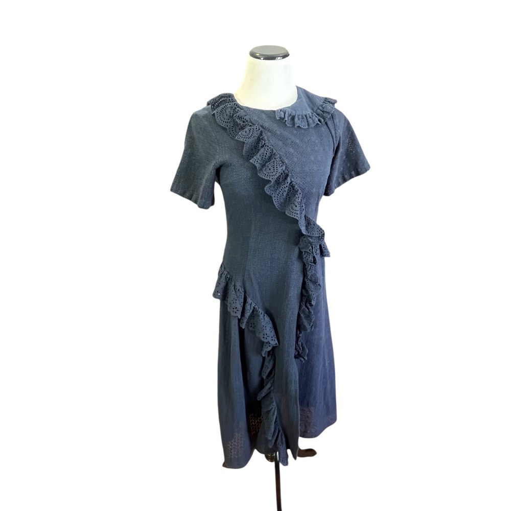 GOEN‎ J Dark Blue Cotton Eyelet Lace Ruffle Midi Dress Size 6